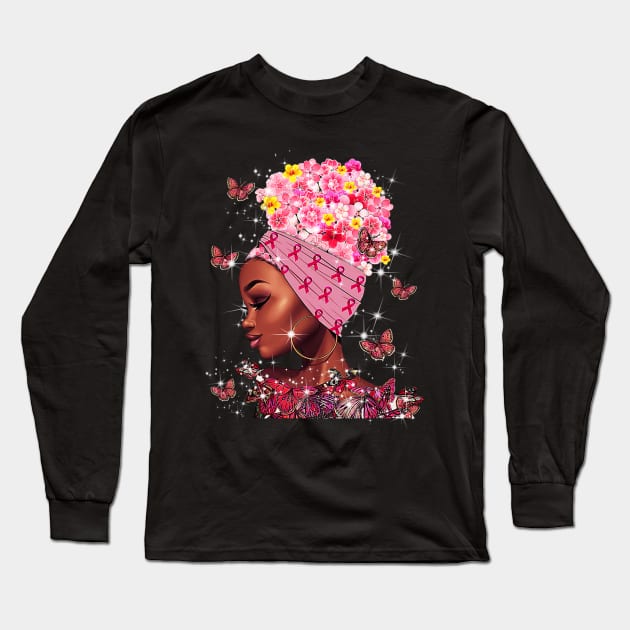 In October We Wear Pink Black Woman Breast Cancer Awareness Long Sleeve T-Shirt by ShariLambert